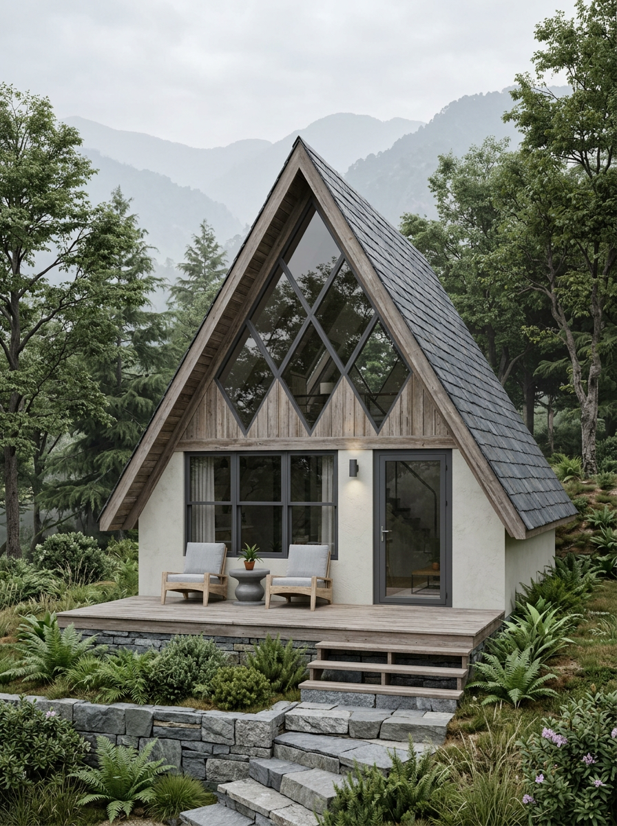 Concept visual of an A-frame cottage in timber, lime plaster and local stone on a forested Himalayan hillside