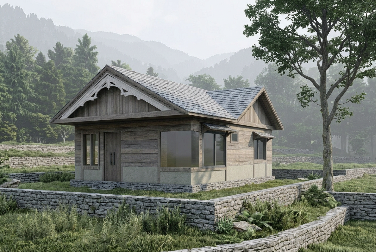 Concept visual of a pitched-roof cottage with carved timber detail on terraced hill ground