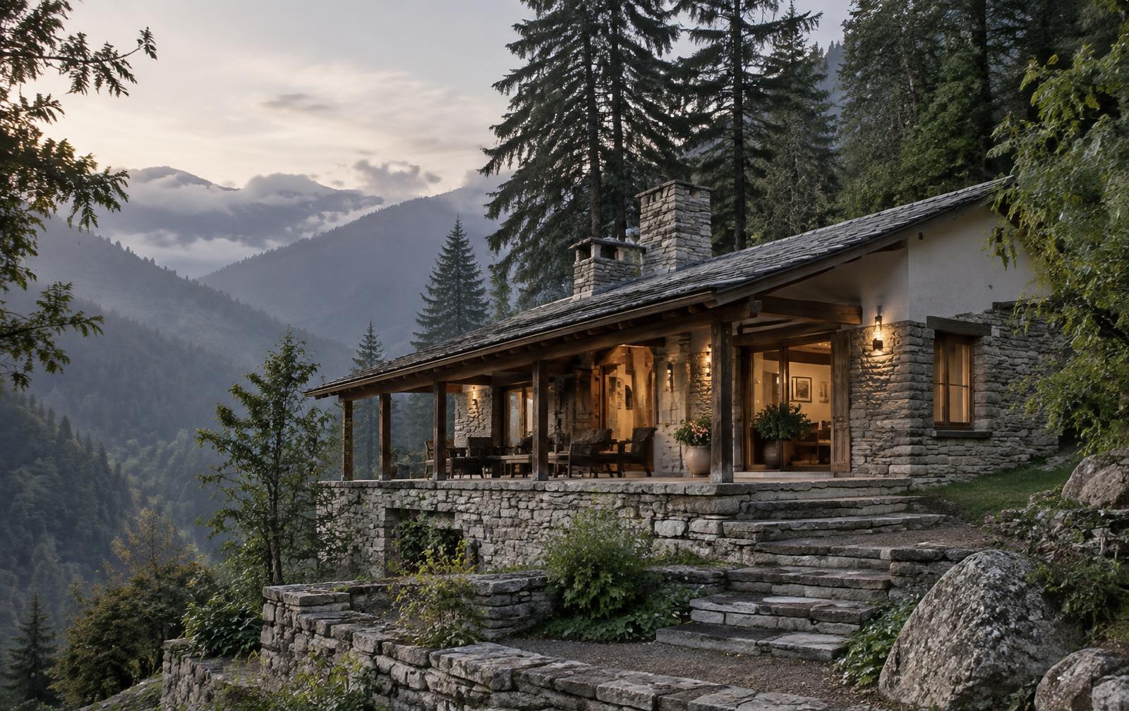 Concept visual of a stone and timber mountain cottage set into a forested hillside