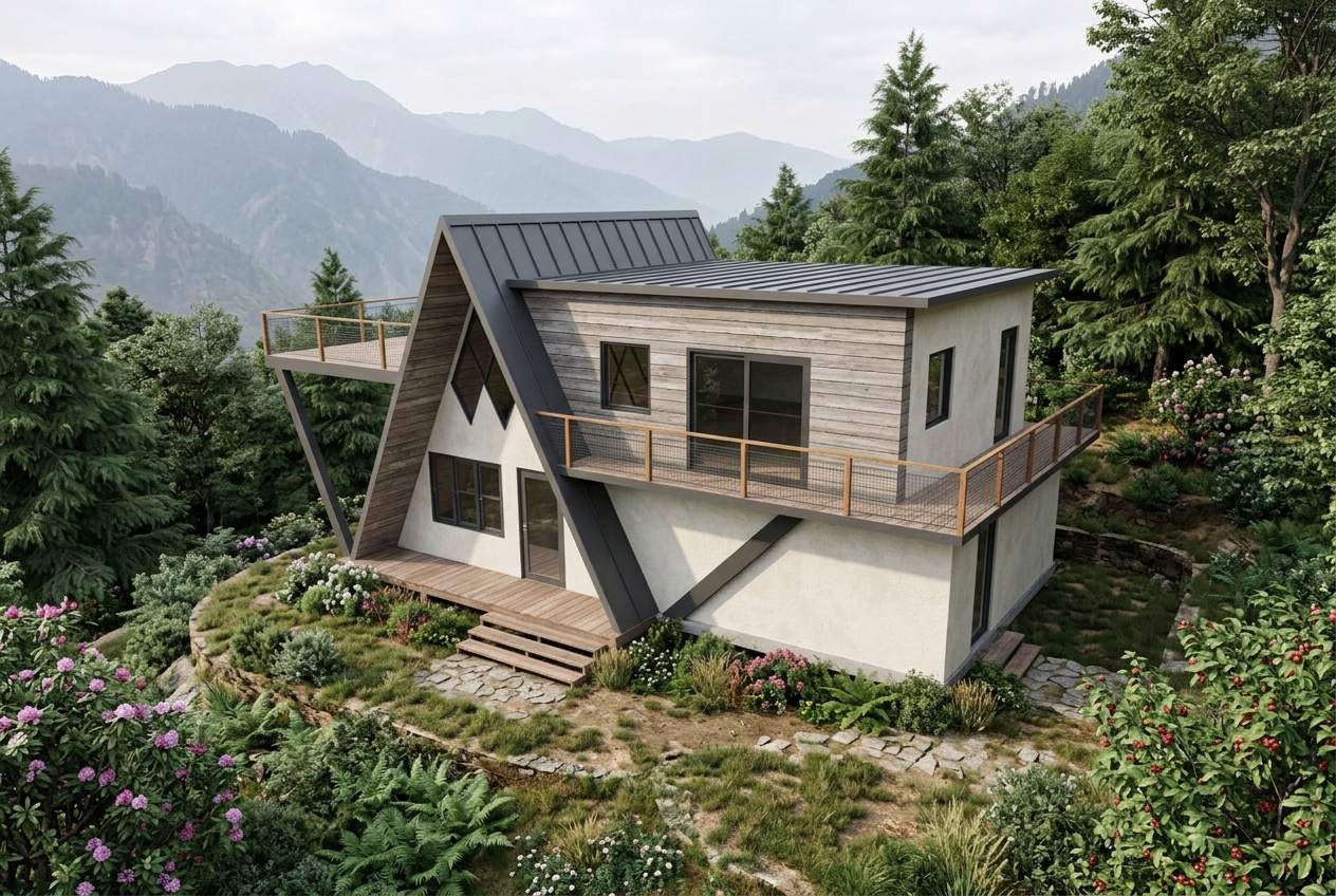 Concept visual of a split-level cottage with a cantilevered balcony over a slope