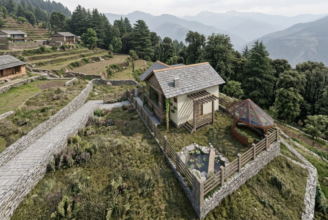 Concept aerial visual of one cottage plot with its garden set into terraced hill land
